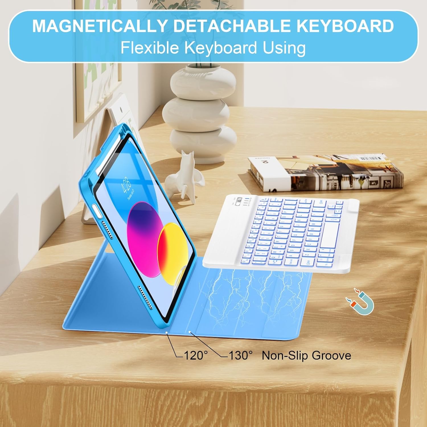 Soke for iPad (A16) 11th/10th Generation Case with Keyboard(2025/2022)-7 Color Backlight Wireless Detachable Folio Keyboard Cover with Built-in Pencil Holder for iPad 11/10.9 inch, Sky Blue - Image 6