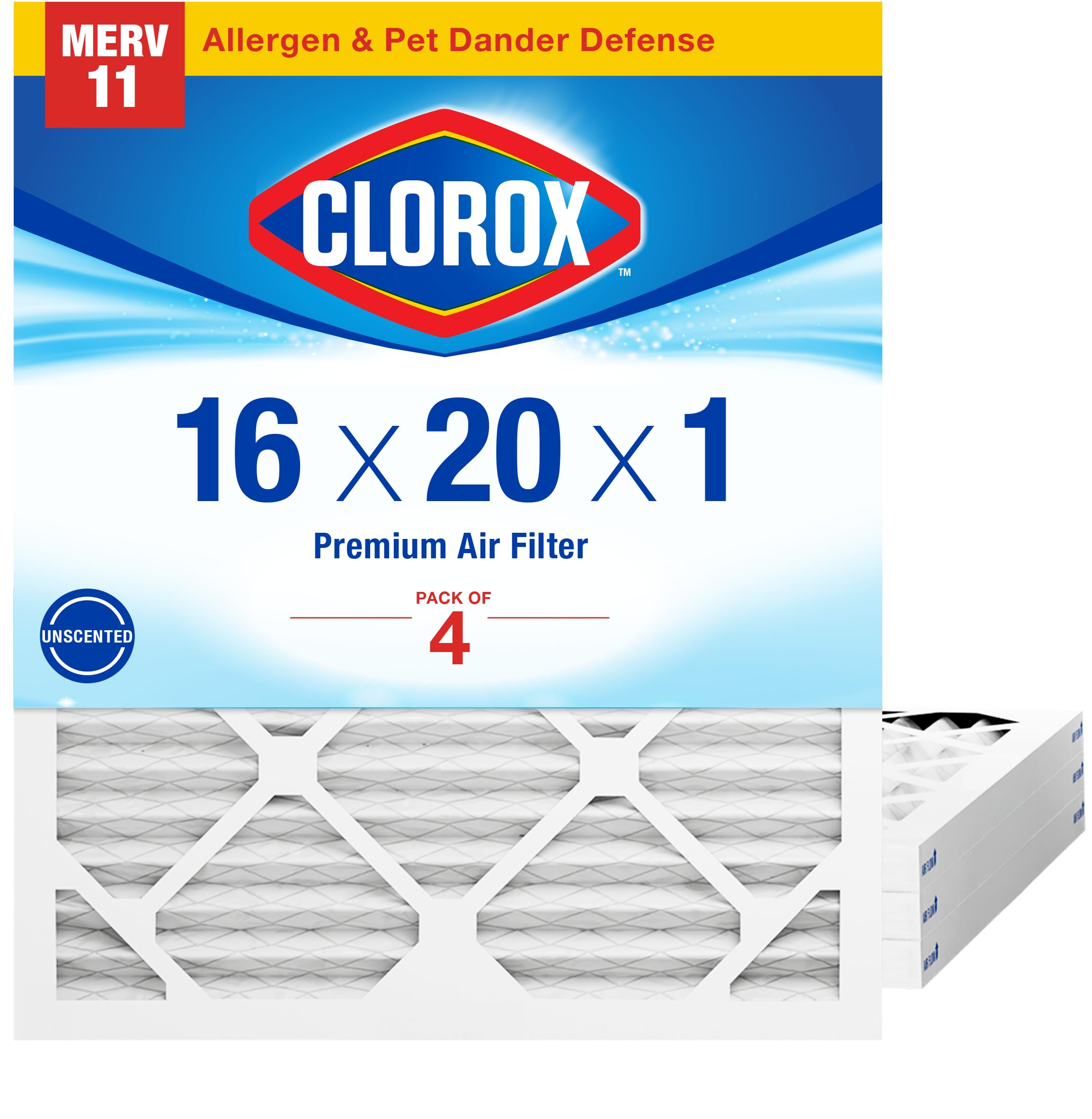 Clorox 16x20x1 Air Filter, MERV 11 Pleated HVAC AC Furnace Air Filters for Dust, Pollen and Pet Dander, MPR 1000 & FPR 7 - Pack of 4