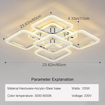 Qcyuui LED Ceiling Light Square, Modern Flush Mount Chandelier Lighting,Dimmable Bedroom Ceiliing Lamps Nordic Design for Living Room [Energy Class F]