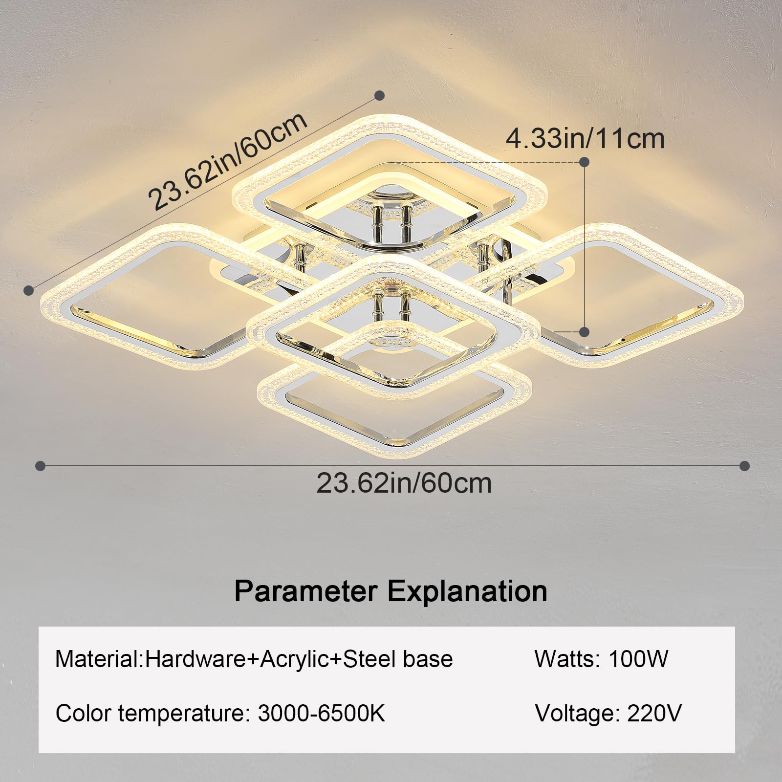 Qcyuui Plafoniera LED Quadrata Lampadari Moderni a Incasso, 100 W Dimmerabile Camera da Letto Lampade da Soffitto Design Nordico per Soggiorno Cucina con Telecomando/Cromo