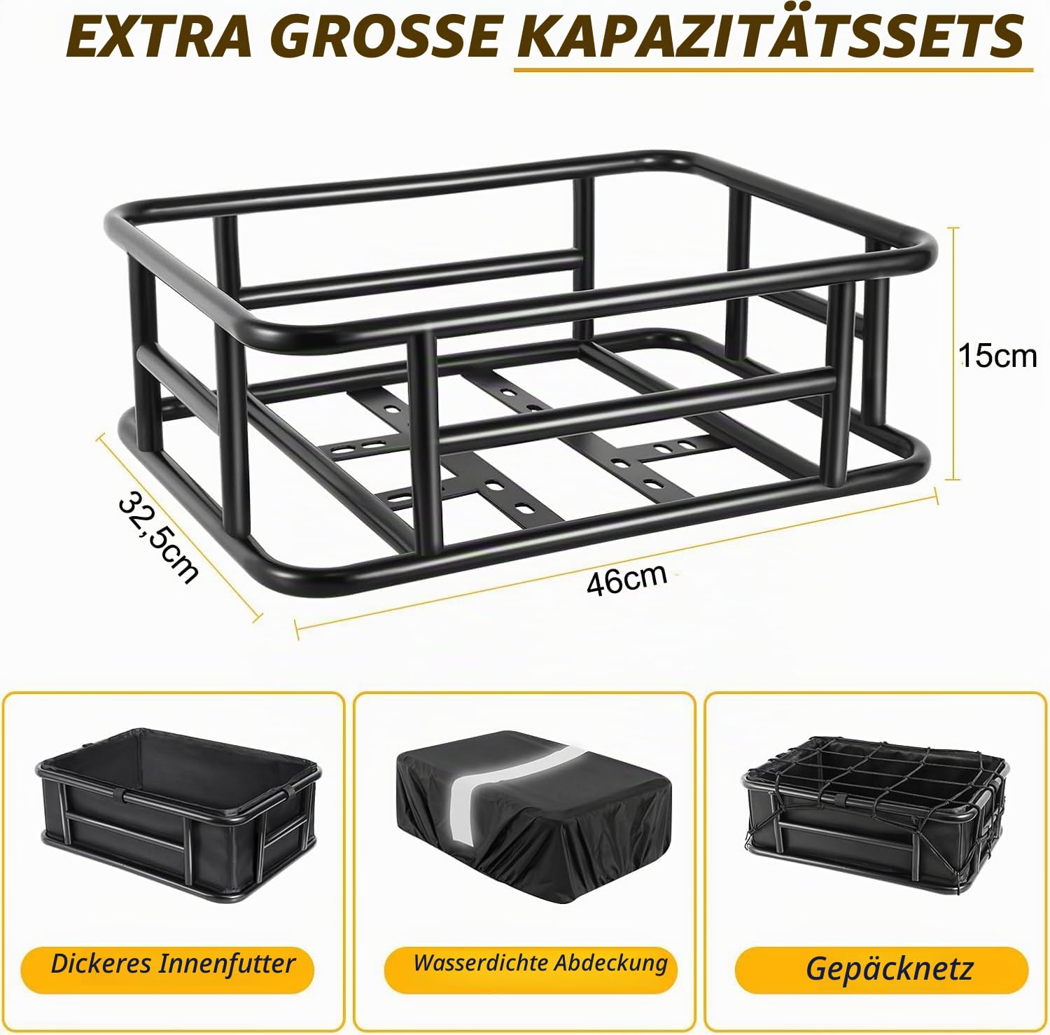 Fahrradkorb Hinten, Fahrradkorb Groß mit Eine Dicke Futterung, Ladungsnetz und wasserdichte Abdeckung, 46×32×15 cm