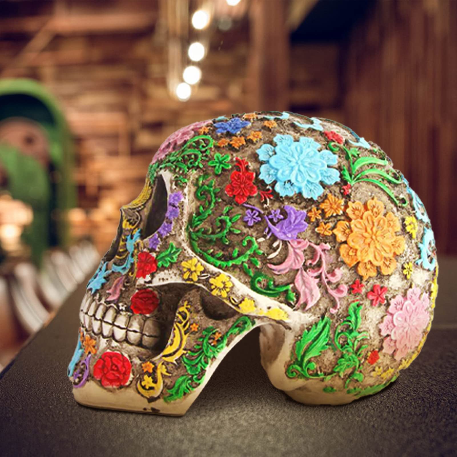 Tuzsocr Skull Figurine Resin,Ornate Flower Skull Face,Skull Head Bone Model,Horror Skull Figurine,Desk Skull Ornament,Halloween Party Decoration Mexican Day of the Dead Props Skeleton Décor (Style 1) - Image 3