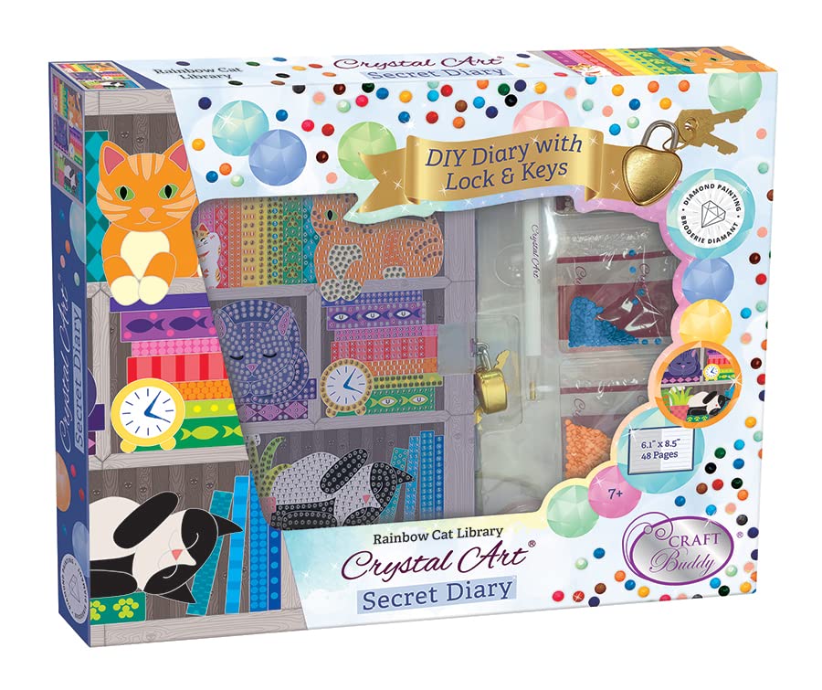 Crystal Art Secret Diary - Rainbow Cat Library - Diamond Painting Kit for Ages 8 and Up