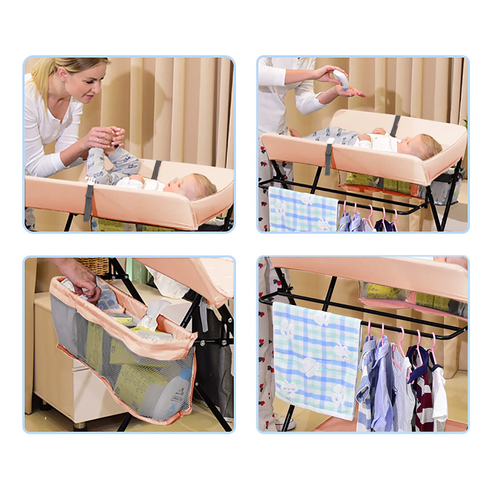 Cambiador plegable para bebé con cambiador, cinturón de seguridad y compartimentos, cambiador con escala de altura para bebés menores de 15 kg o 0-1 años, 63 x 80 cm (caqui)
