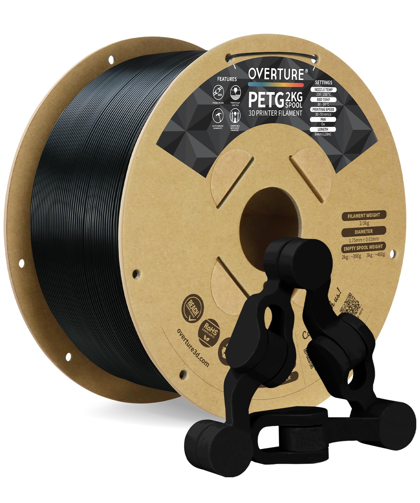 OVERTURE Filamento PETG 1.75mm, 2kg Bobina(4.4lbs), Neatly Wound Durevole PETG Filament per Stampante 3D, Precisione Dimensionale +/- 0.02 mm, 3D Printer Filamento (Nero 2kg*1)