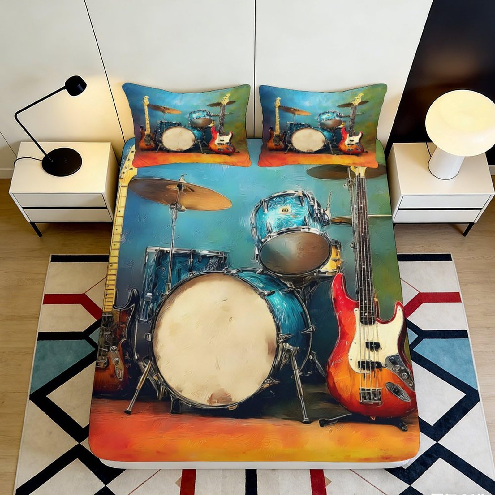 3D Printed Drum Set Fitted Sheet Microfiber Soft Music Guitar Bed Cover for Bedroom Dorm Mattress Protection Decor 90x200x25cm