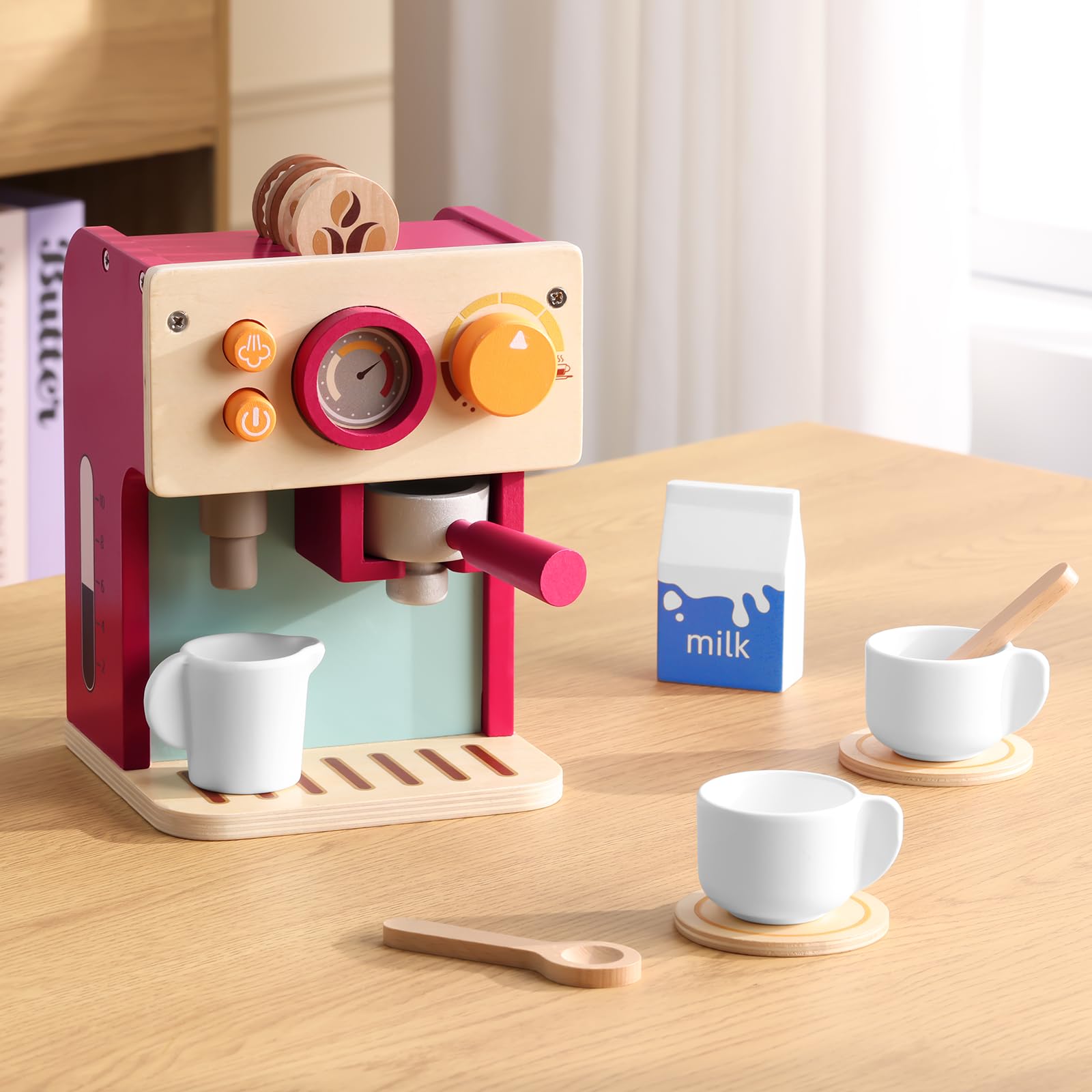 GAGAKU Macchina da caffè in legno per bambini dai 3 anni in poi con lattiera e accessori, giocattolo educativo, gioco di ruolo, regalo di compleanno per ragazzi e ragazze