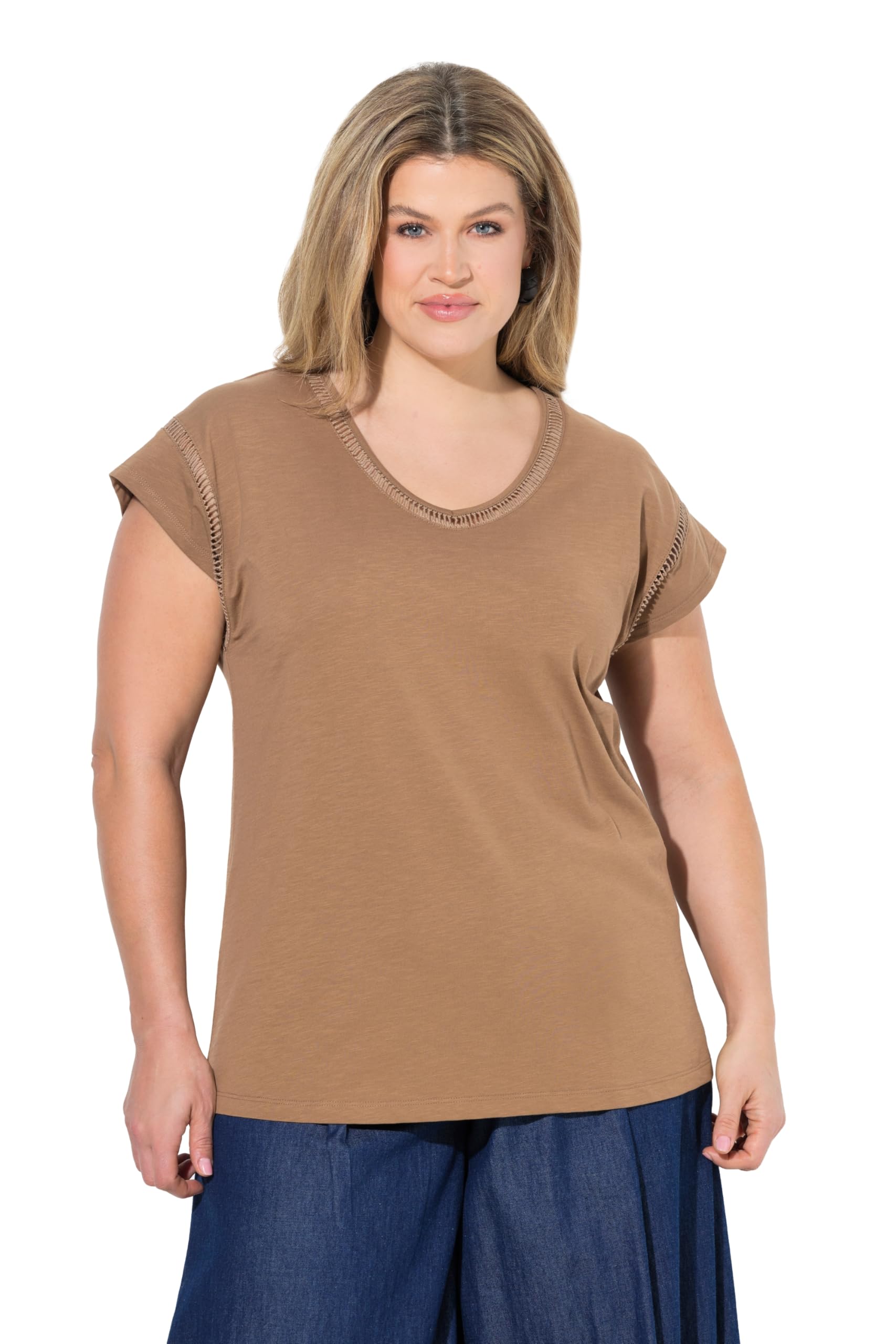 Ulla Popken Damen große Größen Übergrößen Plus Size T-Shirt, Oversized, V-Ausschnitt, Halbarm, Biobaumwolle 802896
