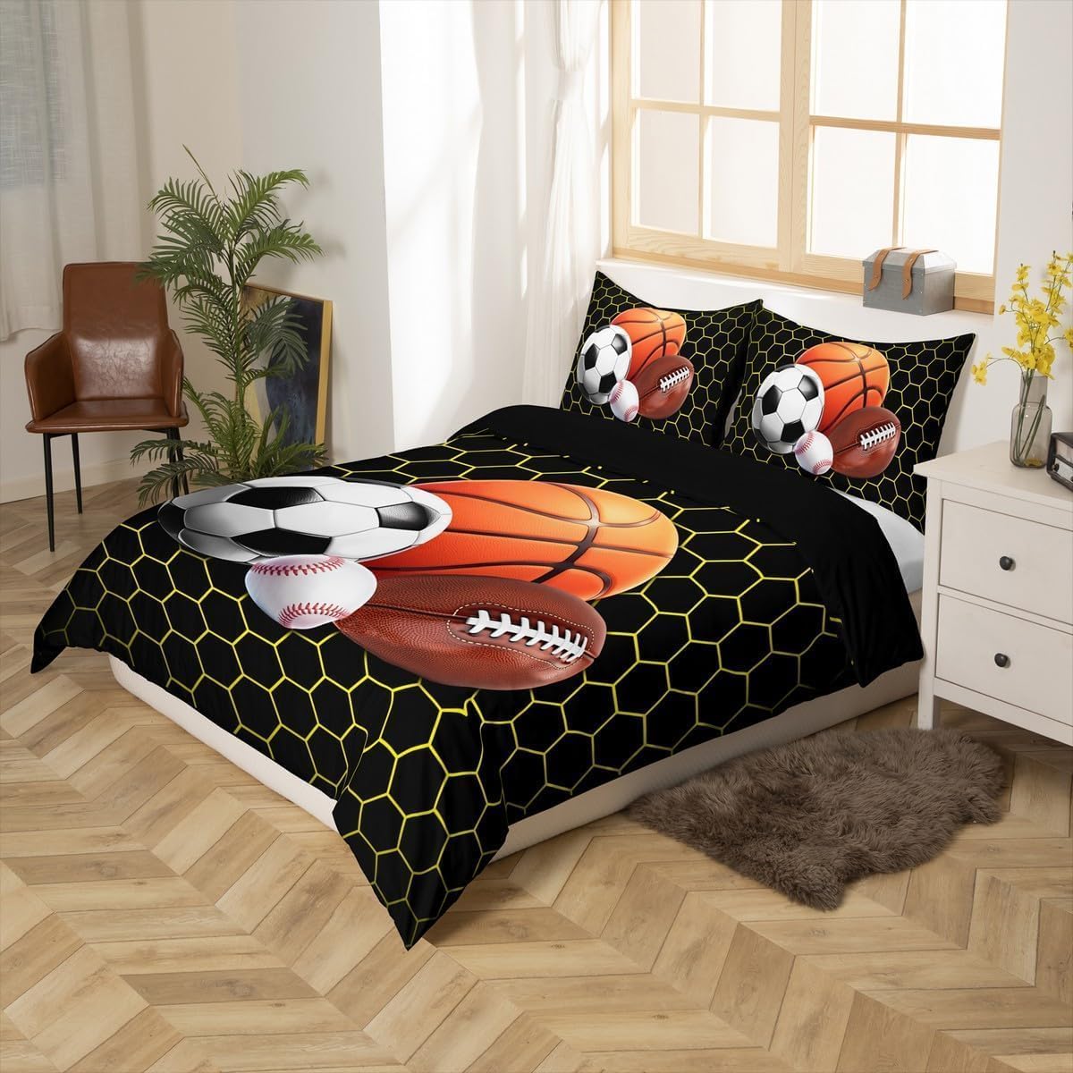 Poszwa na kołdrę 220 x 240 Piłka sportowa Pościel Piłka nożna Koszykówka Mikrofibra Druk 3D Poszewka Edredon 220x240 cm z zamkiem błyskawicznym i 2 poszewkami na poduszki B-3744