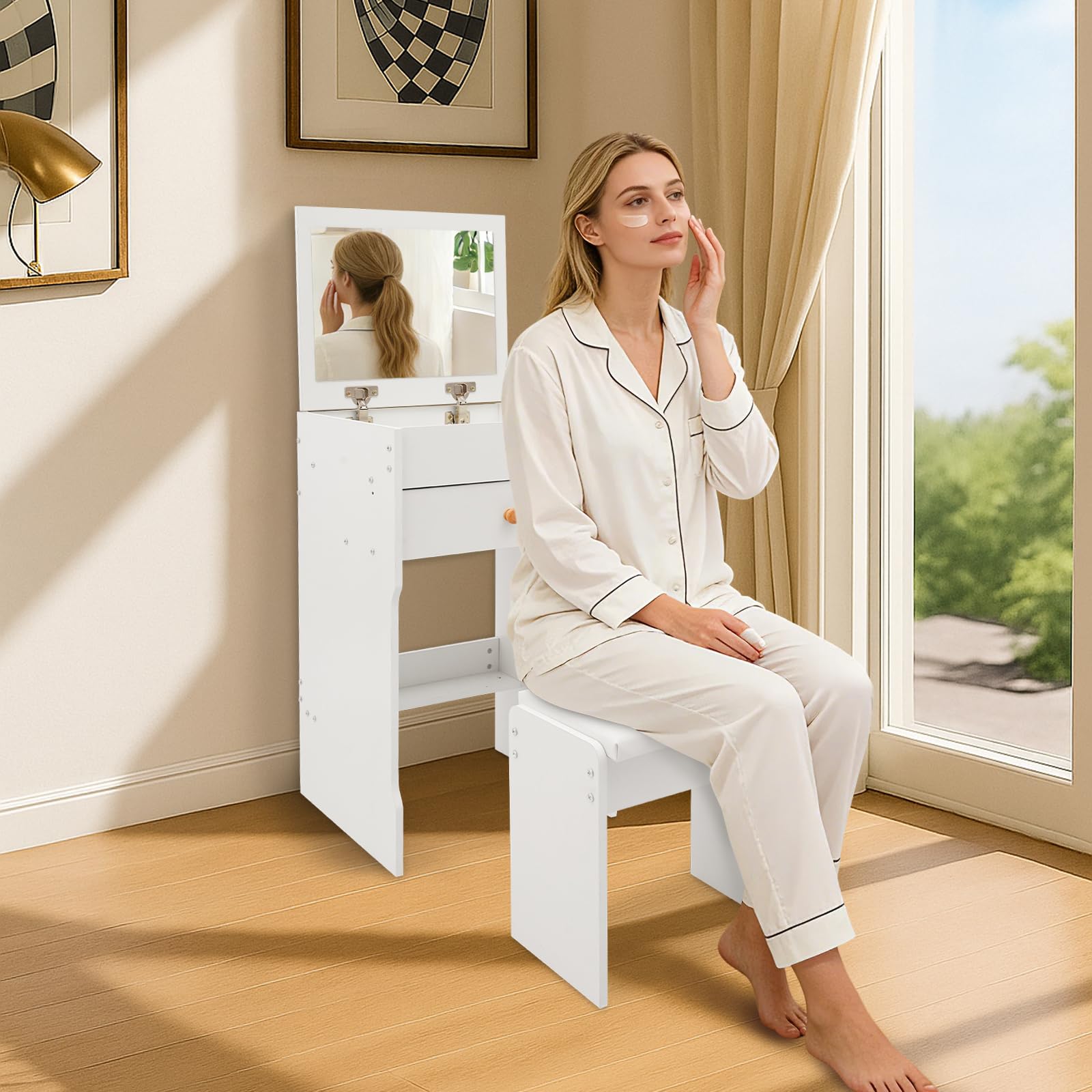 Tocador de pie con espejo plegable y silla, 1 cajón, 1 compartimento de almacenamiento plegable con separadores, mesa de maquillaje de MDF, capacidad de carga de 90 kg, ahorra espacio para dormitorio