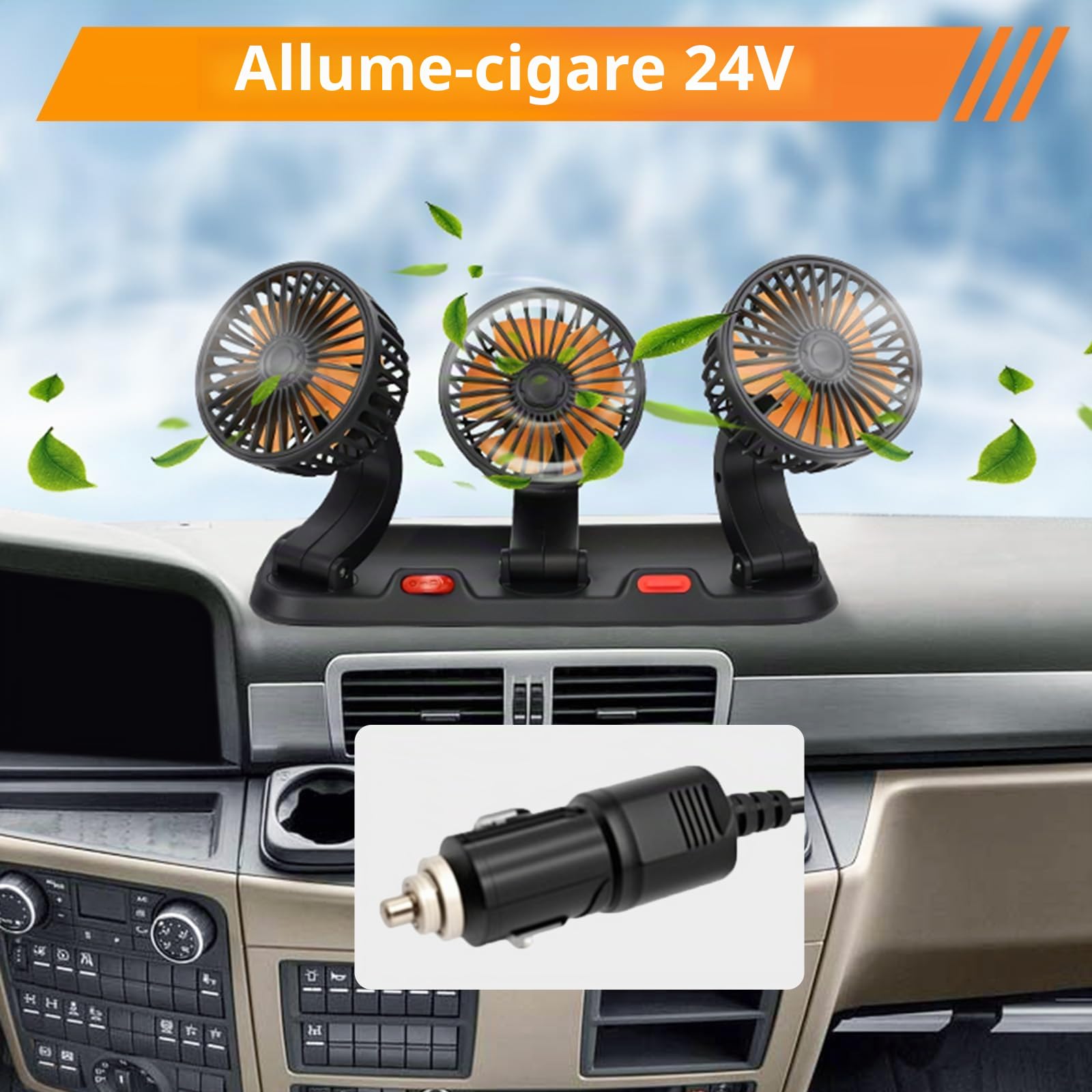 Riloer 24 V Ventilateur électrique de voiture, ventilateur de refroidissement portable à trois têtes, ventilateurs d'été rotatifs à 360 ° avec allume-cigare pour SUV, camions, camping-cars, remorques