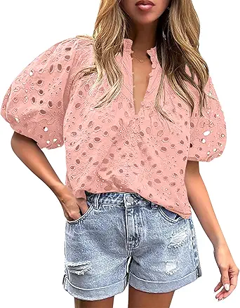 BETTE BOUTIK Women's Long Short Sleeve Tops 2025 Dressy Casual Button Hollow Out Lace Embroidered Blouses Shirts