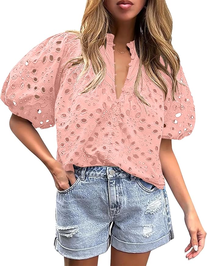 BETTE BOUTIK Women's Long Short Sleeve Tops 2025 Dressy Casual Button Hollow Out Lace Embroidered Blouses Shirts