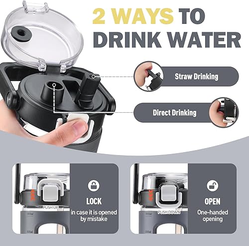 Miniatura 10 de BLUEGO Botellas de agua de vidrio de 56 onzas con marcador de tiempo y pajilla, botella de agua motivacional grande de medio galón con funda de