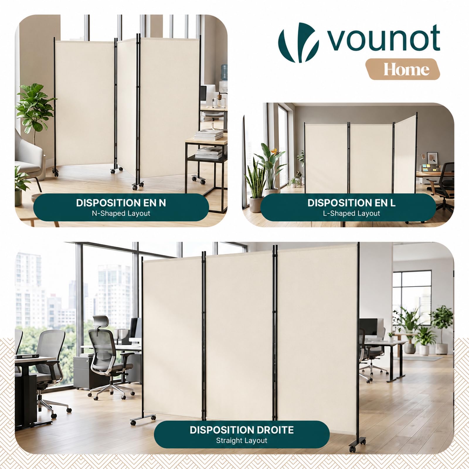 VOUNOT® Separe Divisorio Interno a 3 Pannelli con Ruote, Paravento Pieghevole Autoportante Privacy per Salotto, Camera da Letto e Ufficio, 262 x 30 x 180 cm, Beige