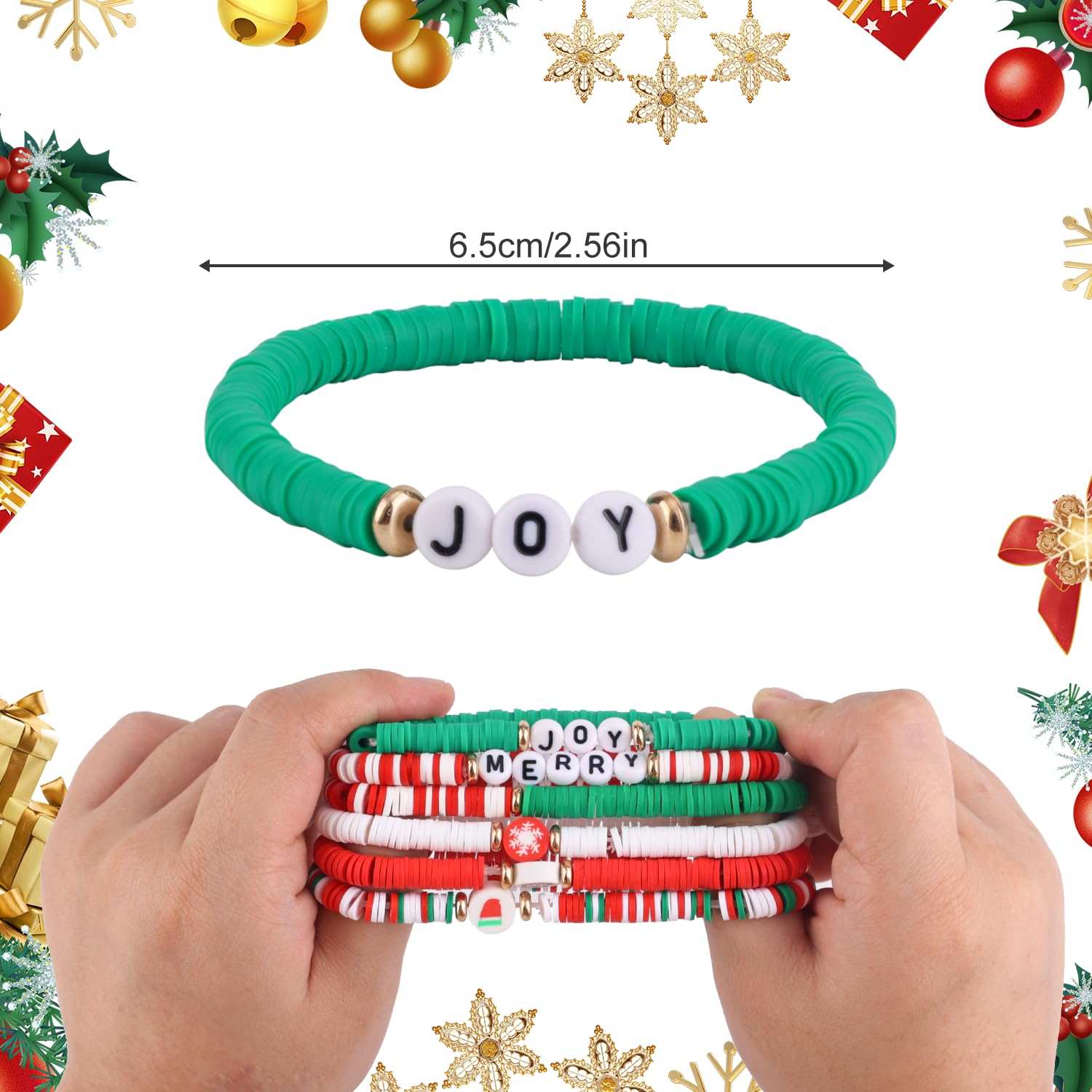 Mikovivi 6pcs Christmas Bracelet, Stackable Xmas Bracelets Cute Clay Beaded Stretch Festive Bracelets Christmas Jewelry Christmas for Women Costume Party Favors