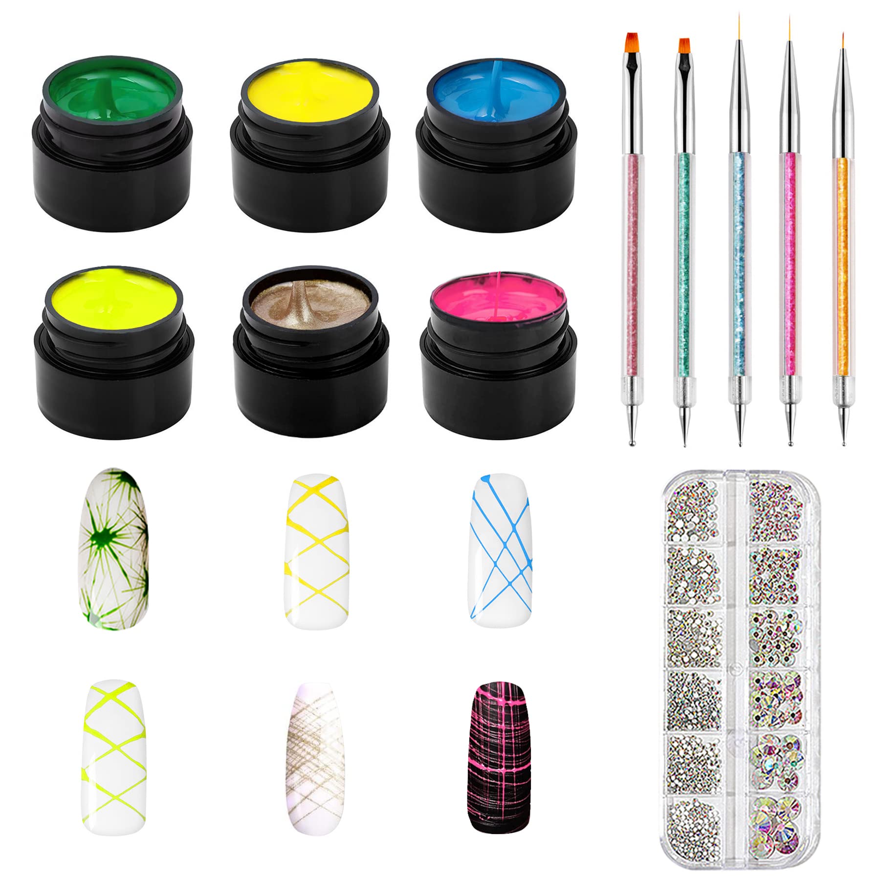 Vtrem 6 Colors 8ML Spider Gel Set with 5 PCs Double Ended Point Drill Drawing Brush Pen Nail Rhinestones Matrix Gel with Gel Paint Design Nail Art Kit Wire Drawing Blue Yellow Nail