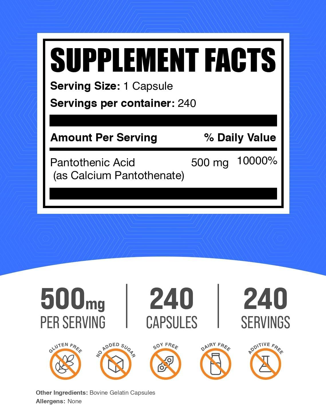 BulkSupplements.com Vitamin B5 Capsules - as Pantothenic Acid, B Vitamin Supplement, Pantothenic Acid 500 mg - Gluten Free, 1 Capsule per Serving, 240 Capsules (Pack of 1) - Image 2