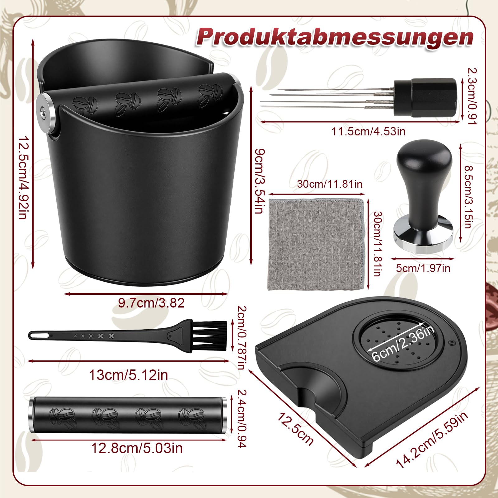 Abklopfbehälter für Siebträger Set, 6PCS Kaffeesatz Abschlagbehälter mit Tampermatte, Kaffeestampfer, Nadel, Reinigungsbürste, Tuch, Groß Knock Box mit Abnehmbarer Metall-Klopfstange Schwarz