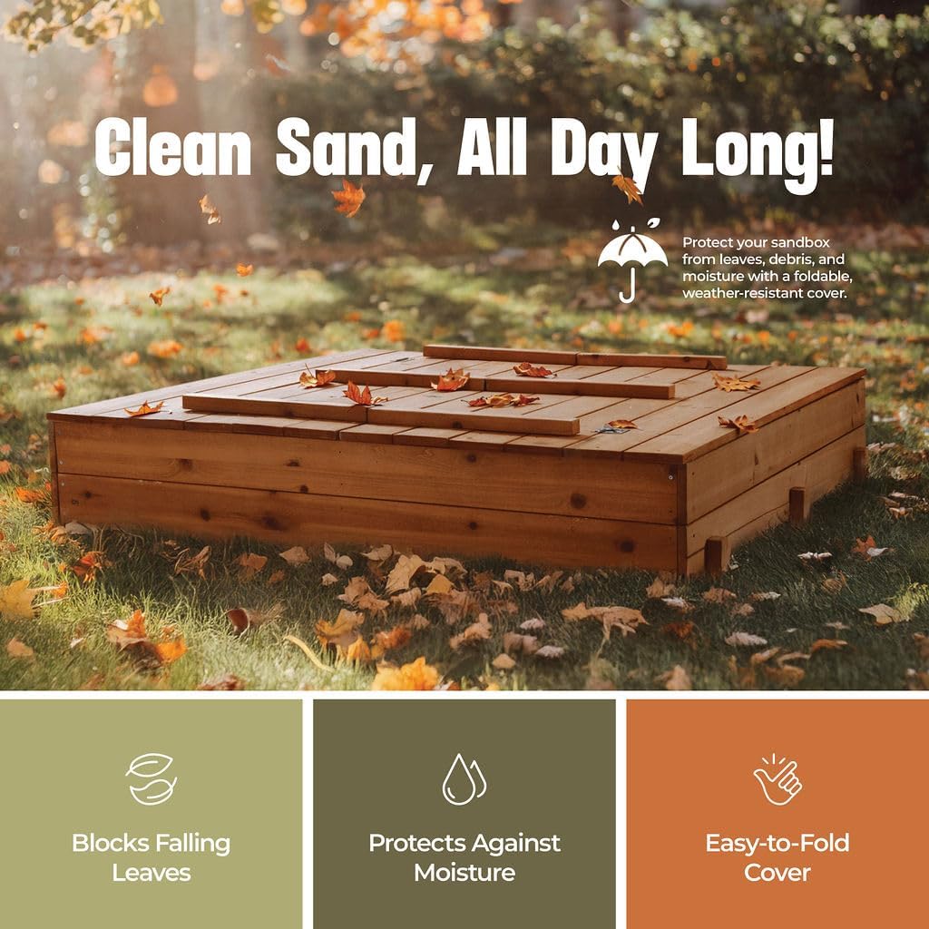 Large Wooden Kids Sandbox with Lid – Outdoor Sand Box for Kids with Cover Sand Protection, Foldable Bench Seats and Bottom Liner