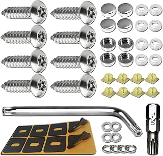 BGGTMO License Plate Screws Anti Theft -Stainless Steel Tamper Resistant Locking Front or Rear Car Tag Frames Bolts Set,1/4 Metric M6 Security Rust Proof Self-Tapping Screws,Fasteners Nut,Chrome Caps
