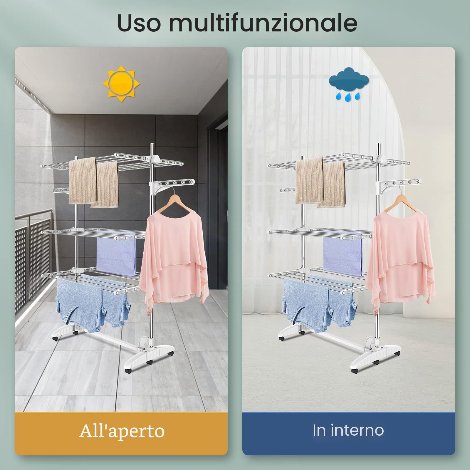 Todeco Estante para Secado de Ropa, Tendederos Plegables 3 Niveles, Blanco | Tenderetes de Ropa con 6 Ruedas, 2 Alas, Estantes de Secado de Acero Inoxidable para Interior Exterior