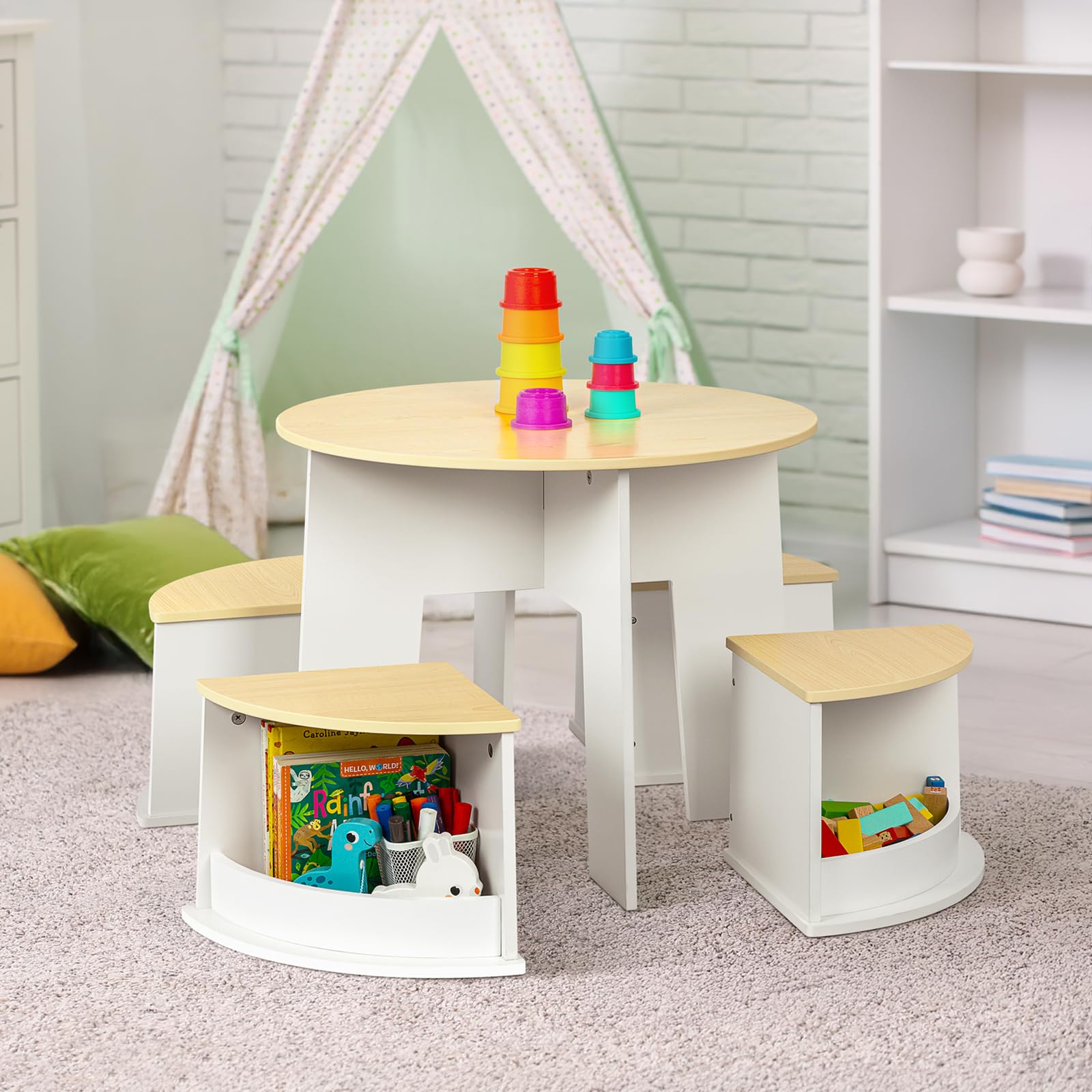 OOOK Table Enfant avec 4 Chaise, Table Ronde en Bois avec 4 tabourets à Rangement, Tables et chaises pour Enfants dédiés à l'art, l'artisanat, la Lecture et Les Jeux