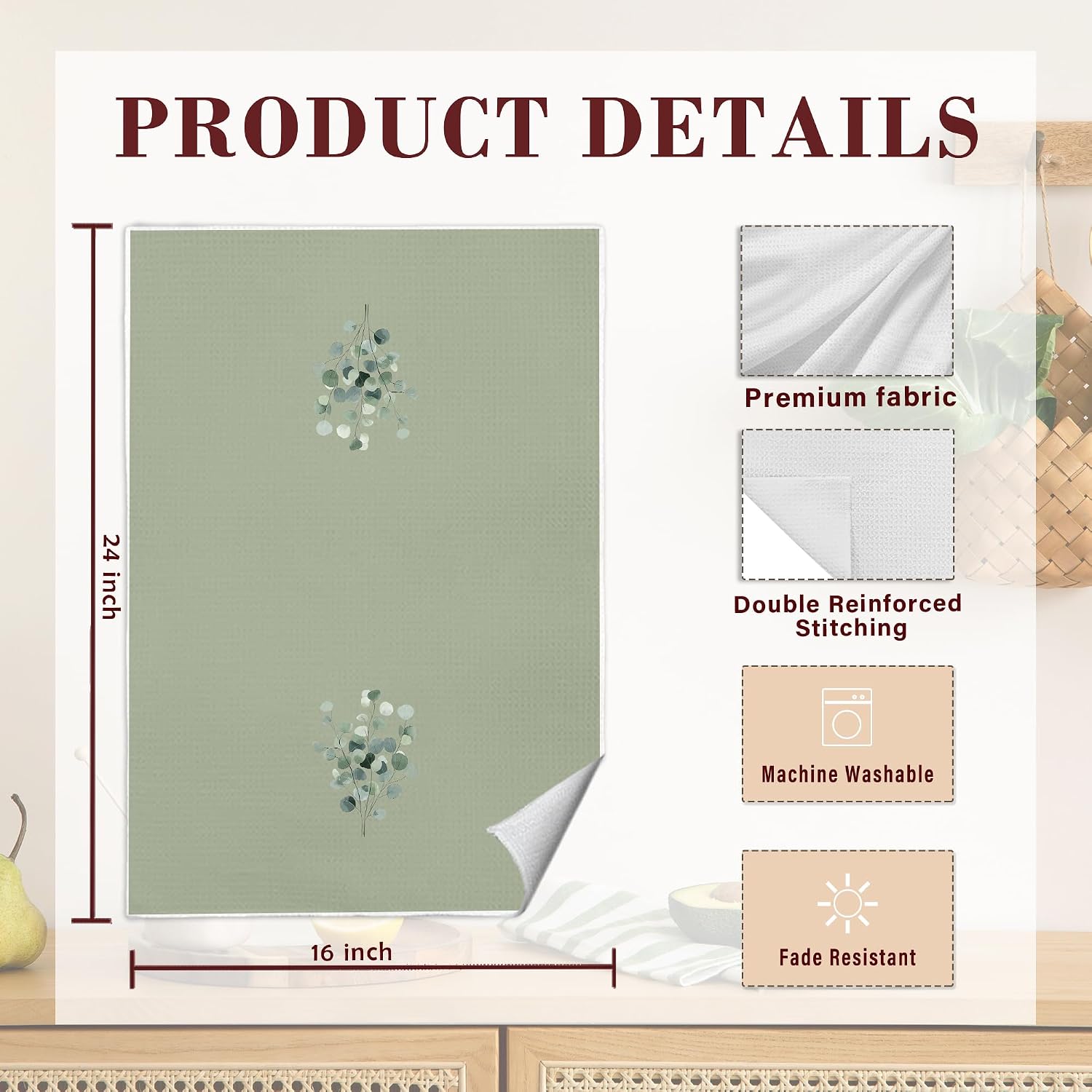Sage Green Eucalyptus Bathroom Hand Towels, Farmhouse Botanical Decorative Hand Towels for Washroom Restroom, Eucalyptus Bathroom Decor, 16x24 Inch Set of 2