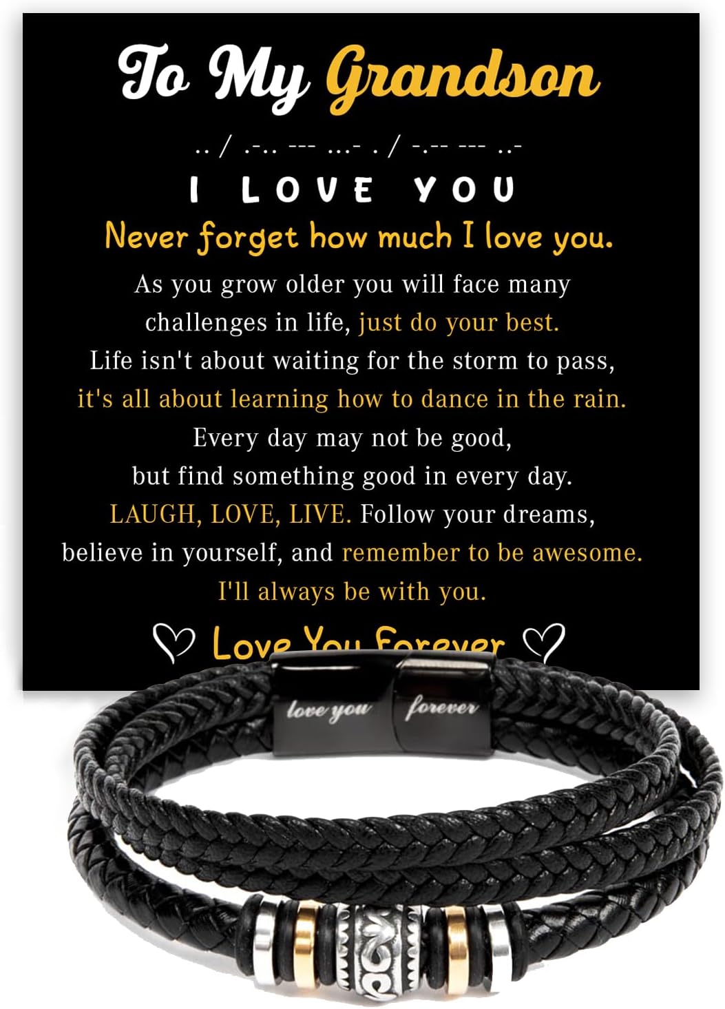 To My Grandson – Braided Leather Bracelet with Love You Forever Message, Thoughtful Gift from Grandpa & Grandma with Elegant Gift Box – Ideal for Birthday, Graduation, Christmas For Grandson