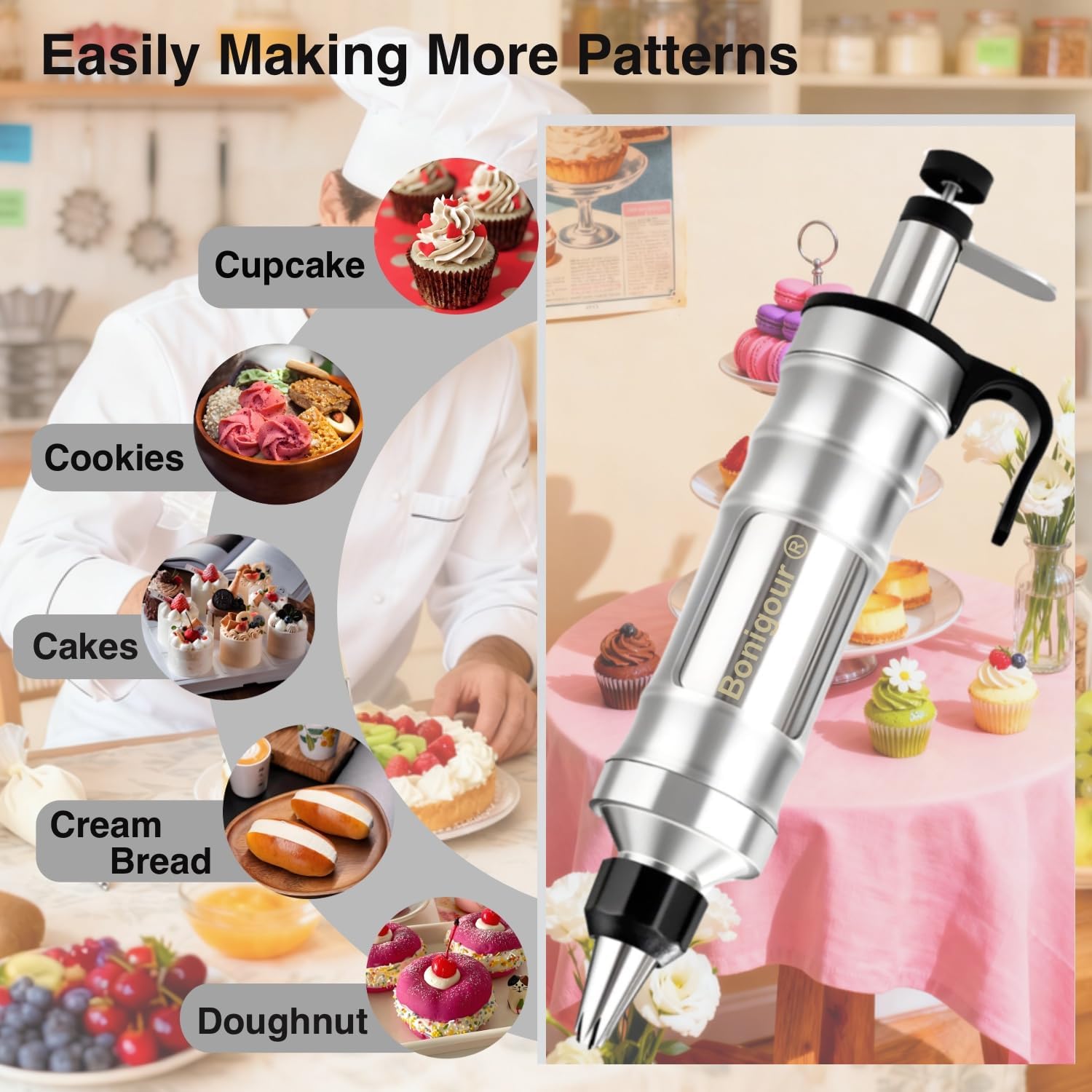 Dessert Decorating Syringe Set | Frosting Piping Kit Decorating Tools 6 Piping Icing Nozzles | Icing Piping Kit Stainless Steels 5 Silicone Cupcakes & 100 Disposable Piping Bags (Black)