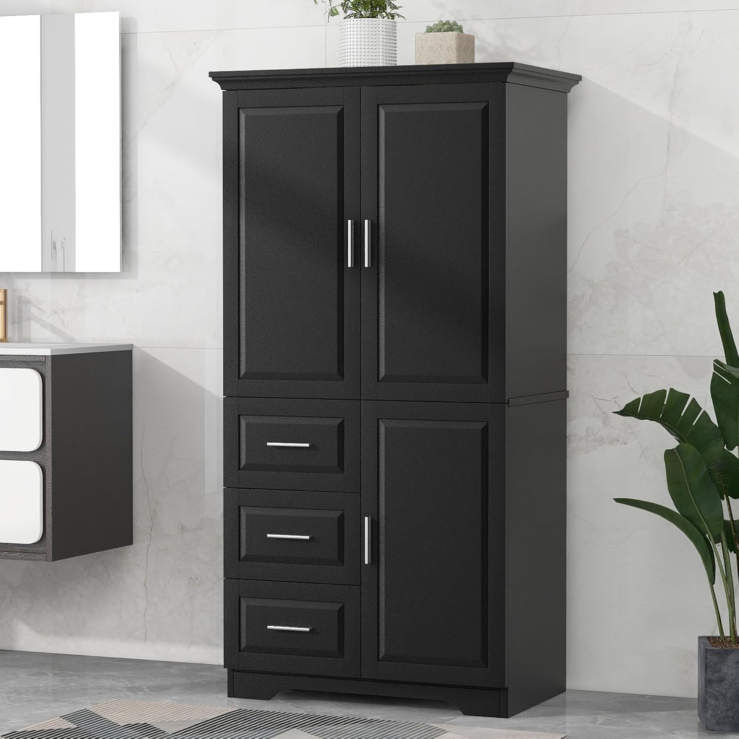 Virubi Tall Wide Storage Cabinet with 3 Doors,3 Drawers,and Adjustable Shelves, Wood Pantry Storage Cabinet Freestanding for Kitchen Bathroom Office (Black)