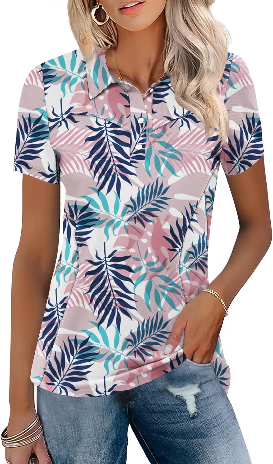 TFSDOD Womens Golf Polo Shirts Collared Short Sleeve T Shirt Lightweight Moisture Wicking Polo Casual 3 Buttons Outfits