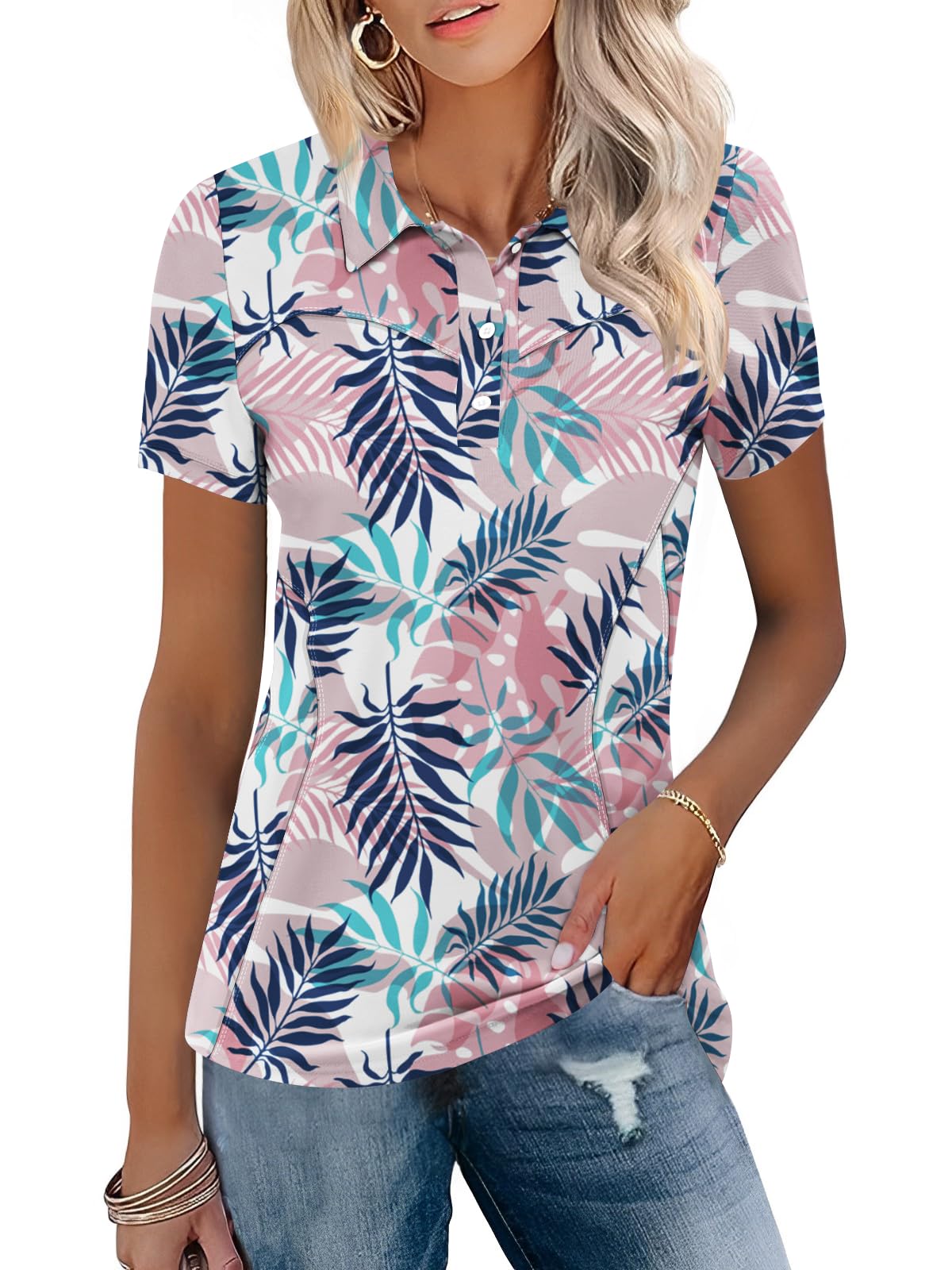 TFSDOD Womens Golf Polo Shirts Collared Short Sleeve T Shirt Lightweight Moisture Wicking Polo Casual 3 Buttons Outfits