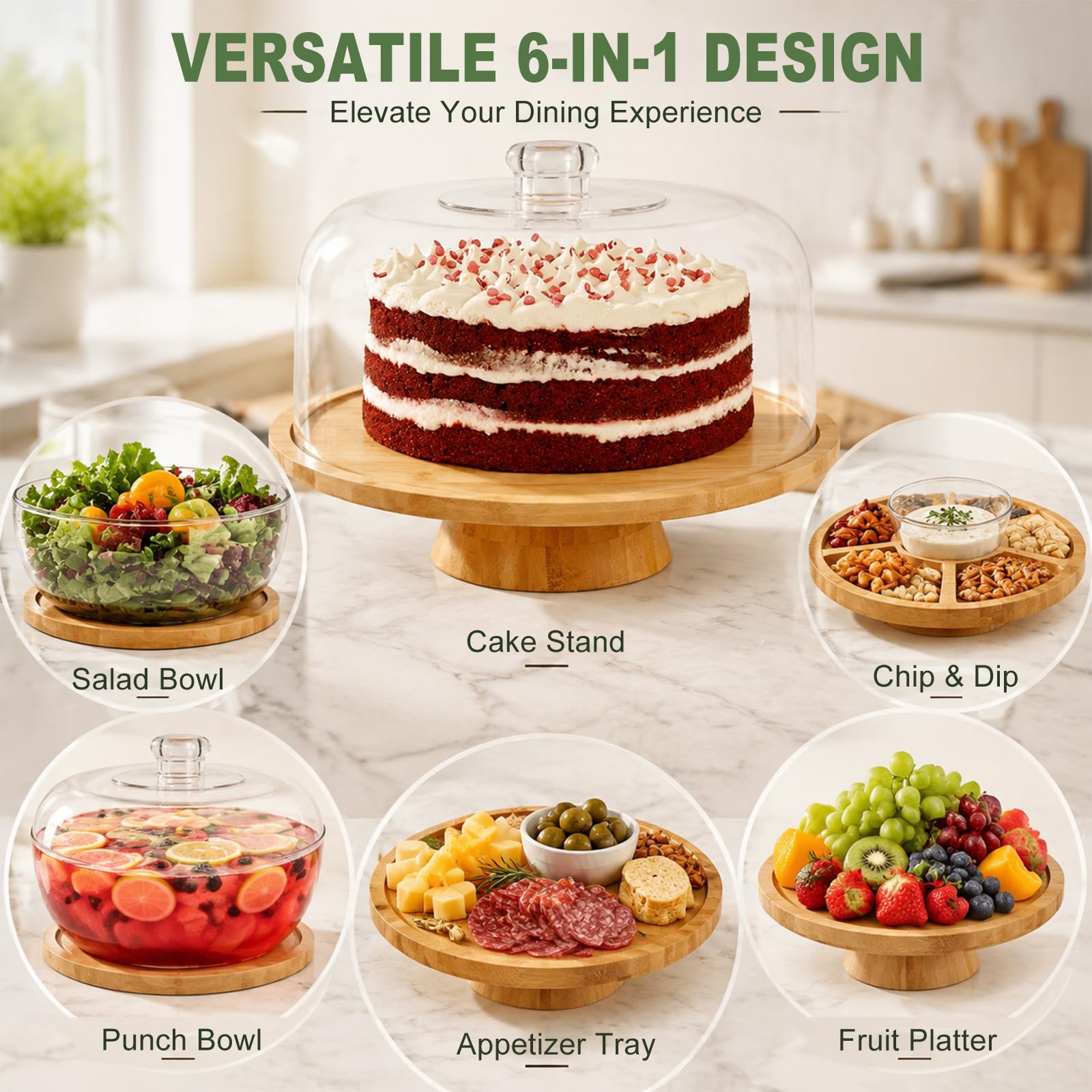 LOMUG Présentoir à gâteau 6 en 1 avec couvercle, plateau à gâteau en bambou avec support, cloche à gâteau polyvalente pour gâteaux, gâteaux, cupcakes et desserts