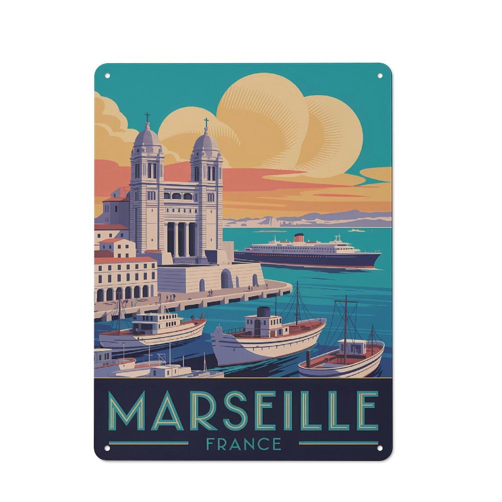 Junmoney Style-23 Marseille Travel (3) Vintage Tin Wall Plaque 40X30cm For Home Bar Wall, For Vintage Wall Decor Fans, For Home Office And Studio Walls