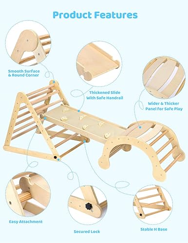 Miniatura 6 de YOLEO Juego de triángulos Pikler mejorado, triángulo de escalada Montessori plegable 7 en 1 con rampa y balancín de arco, juguetes de escalada