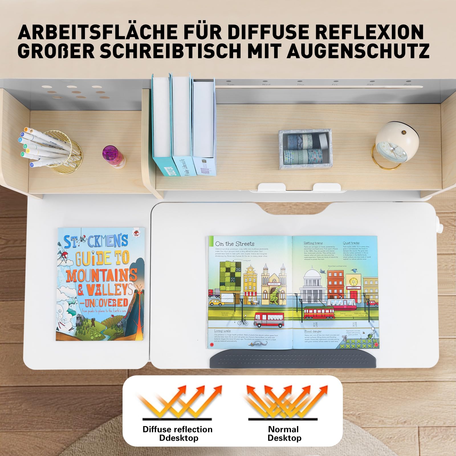 JOYLDIAS Höhenverstellbarer Kinderschreibtisch, Studiertisch für Kinder mit Bücherregal, Neigbarer Schreibtisch, Multifunktionaler Schülerschreibtisch mit Schubladen und Haken, 100 x 60cm Tischplatte