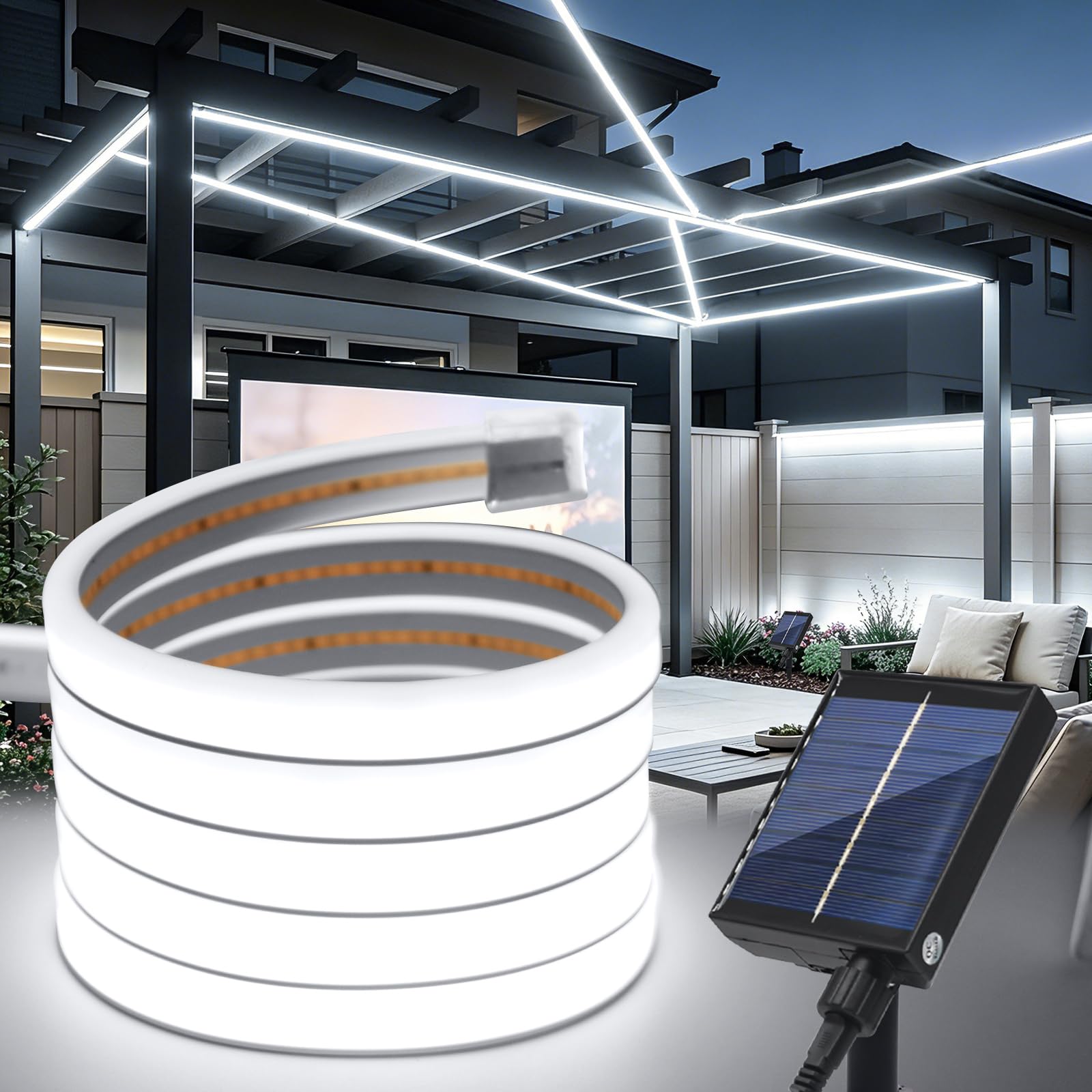 MIGUDA Solar LED Strip 24V, 8 Modes Outdoor Neon Strip Lights, Cuttable 5cm, 320LEDs/m Super Bright COB LED Band for Patio, Courtyard(White,0.5M)