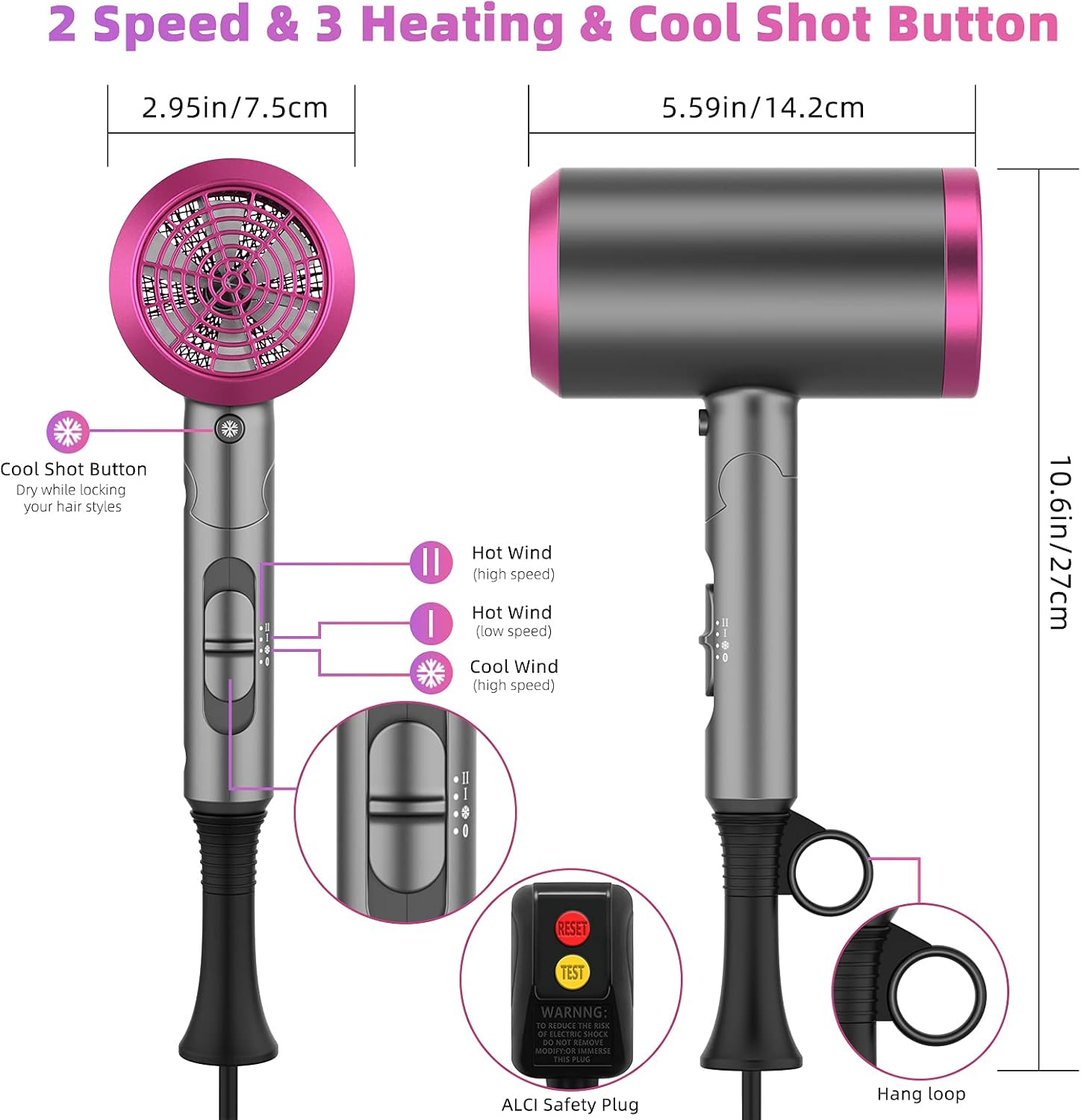 Hair Dryer - Roykoo 1875W Professional Blow Dryer With Negative Ion Technolog, Fast Drying Blow Dryer, 3 Heating/2 Speed/Cold Settings, Nozzles and Diffuser, Hair Blow Dryer for Home Travel Kids : Beauty & Personal Care