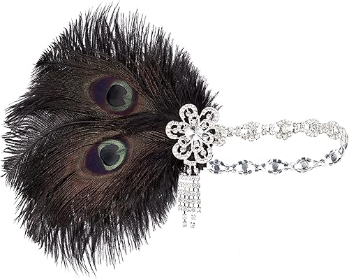 Miniatura 10 de BABEYOND - Diadema clásica estilo flapper de 1920 los locos años 20 Gran Gatsby banda con pluma de pavo real para el cabello