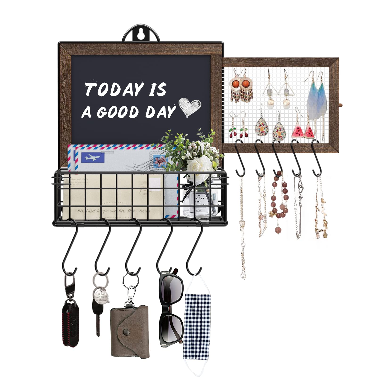 Key Holder for Wall, Mail Holder Wall Mount with Chalkboard, Entryway Letter Holder with 10 Key Hooks and Chalk Marker for Hallway, Mudroom (Dark Brown)