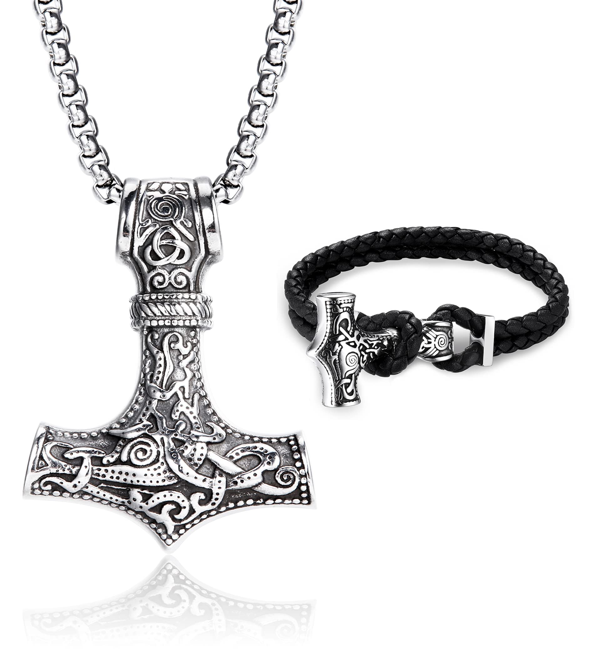 MILACOLATO Thors Hammer Collar Vikingo Pulsera para Hombre Negro/Plata Mjölnir Colgante Acero Inoxidable Thors Hammer Cadena con Cuero Thors Hammer Pulsera Set Viking Joyas para Hombre