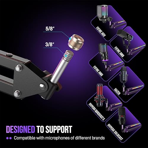 Miniatura 6 de FIFINE Brazo de brazo de micrófono, soporte de brazo de micrófono de metal con control RGB, adaptador de tornillo de 38 a 58 pulgadas, abrazadera de