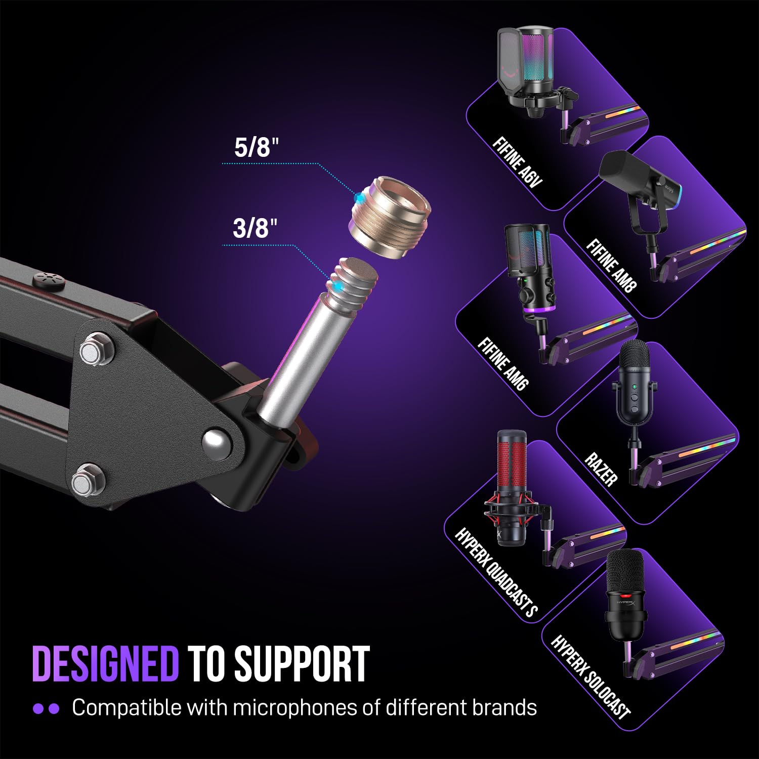 FIFINE Brazo para micrófono, soporte de brazo de micrófono de metal con control RGB, adaptador de tornillo de 3/8 a 5/8 pulgadas, abrazadera de montaje en escritorio, soporte de micrófono de tijera de