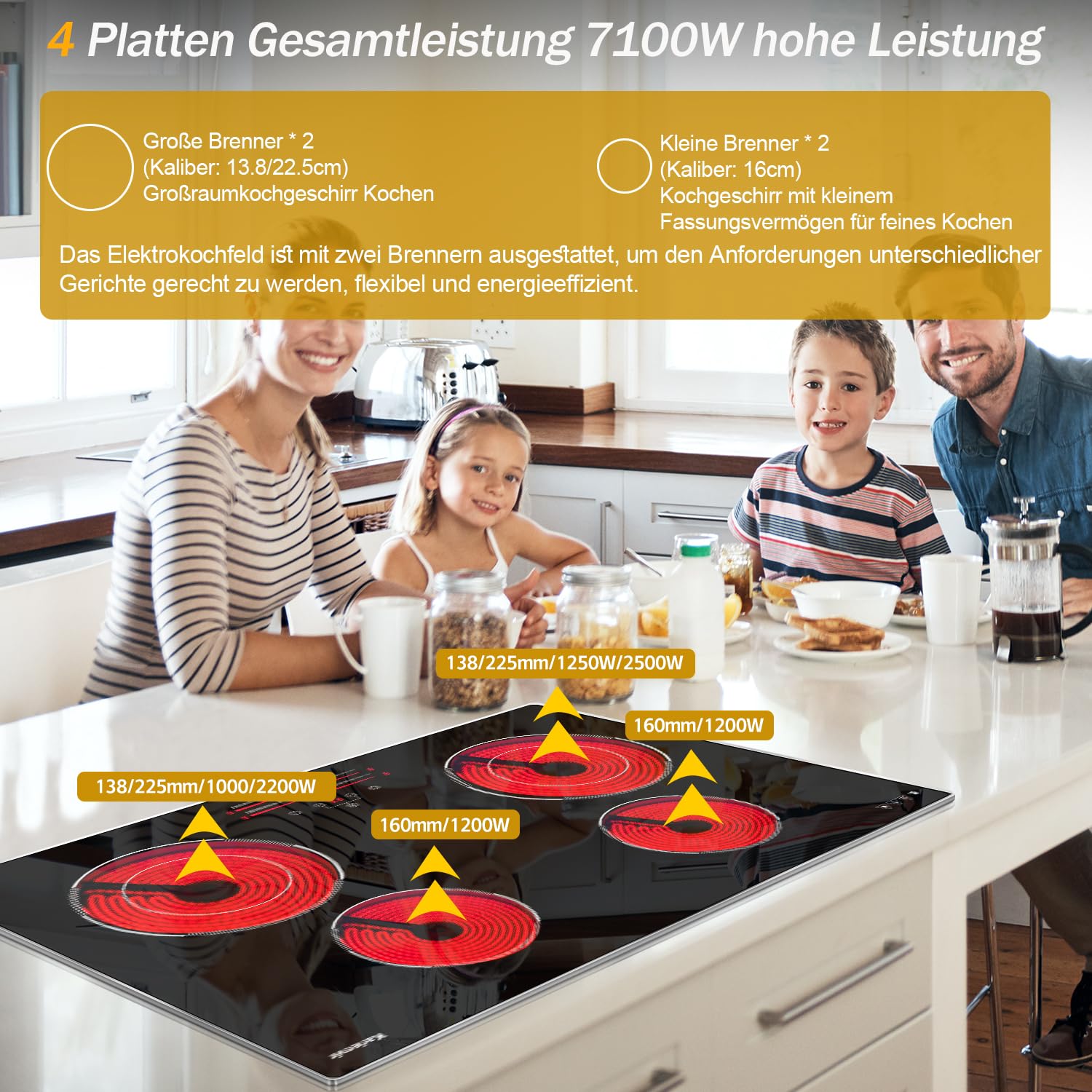 Karienvir Piano cottura in ceramica 4 fuochi, 77 cm, Zona di espansione,9 livelli di potenza,Controllo a scorrimento, Timer, Blocco di sicurezza