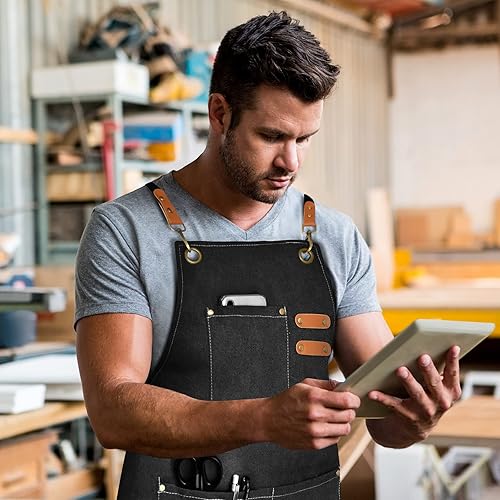 Miniatura 5 de Delantal de chef para hombres y mujeres, delantales de lona con 3 bolsillos traseros cruzados, delantal de trabajo resistente para cocinar