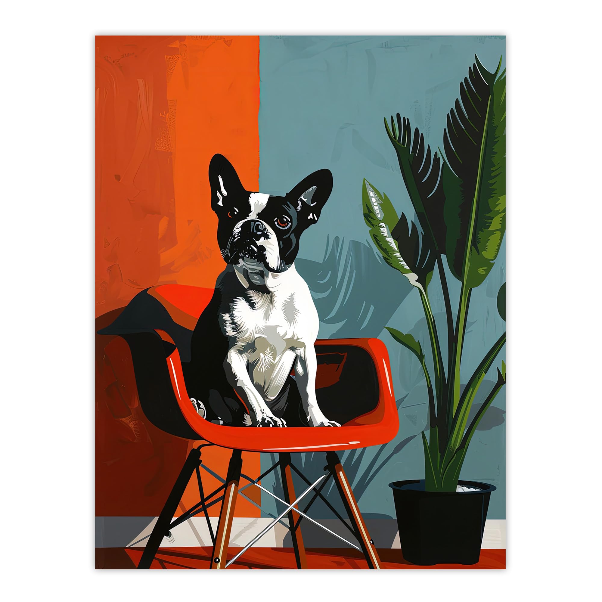 Artery8 French Bulldog Chair & Potted Plant Poster - W18" x H24" - Orange