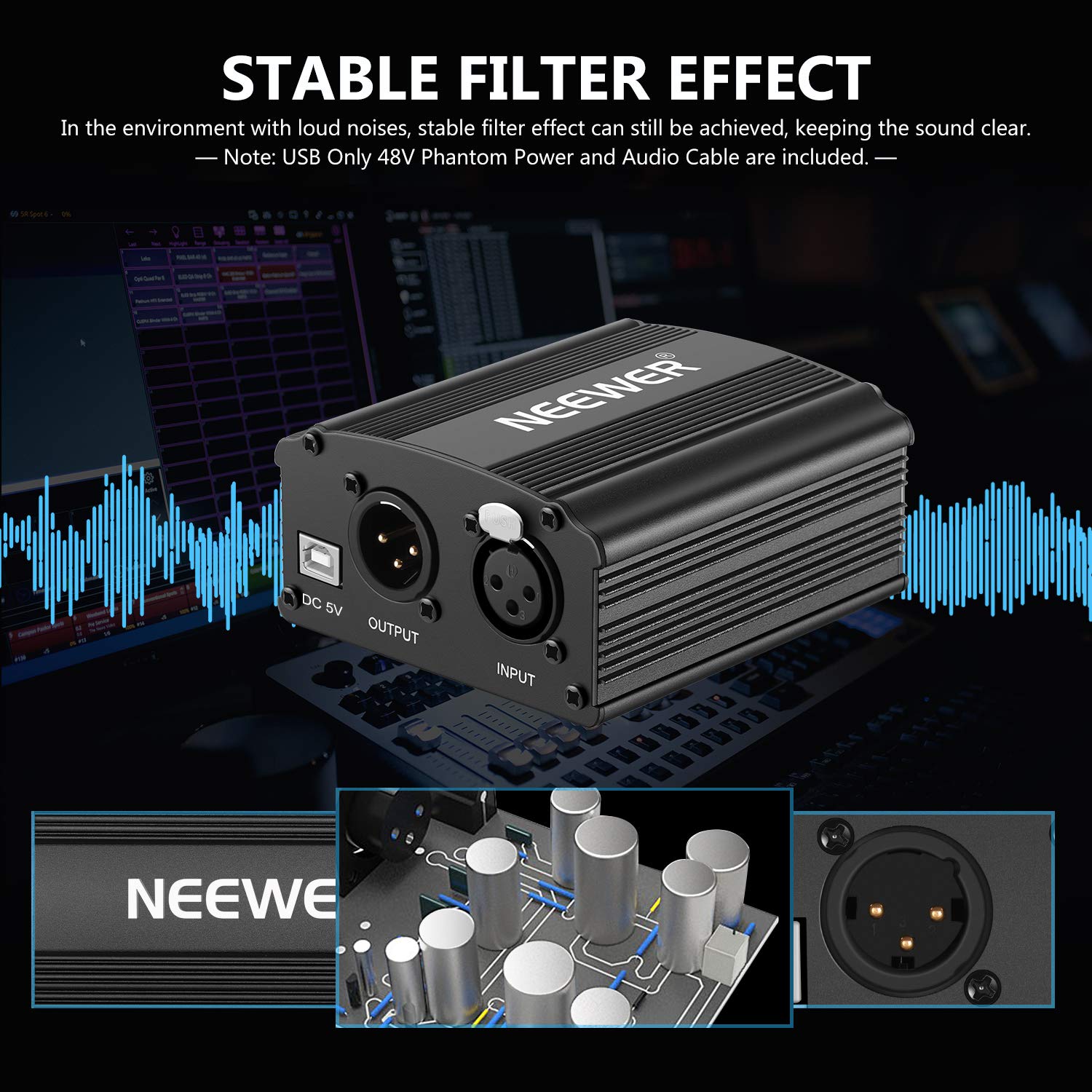 Neewer 1-Canal 48V Fuente de Alimentación Fantasma con 1,5 metros USB Cable, BONUS+XLR 3 Pin Cable de Micrófono para Cualquier Micrófono Equipo Grabación Música