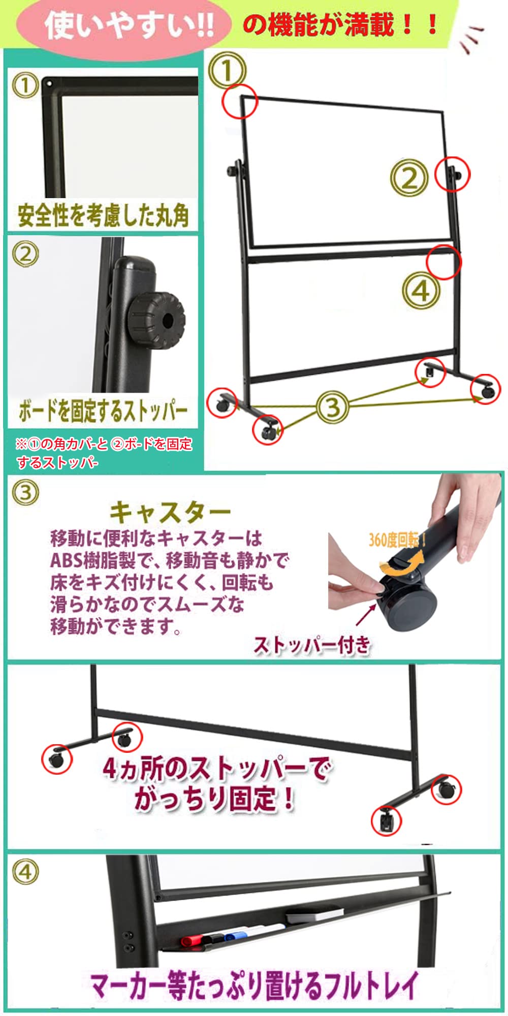 Amazon | ホワイトボード脚付き 両面無地 回転式 角度調整可能