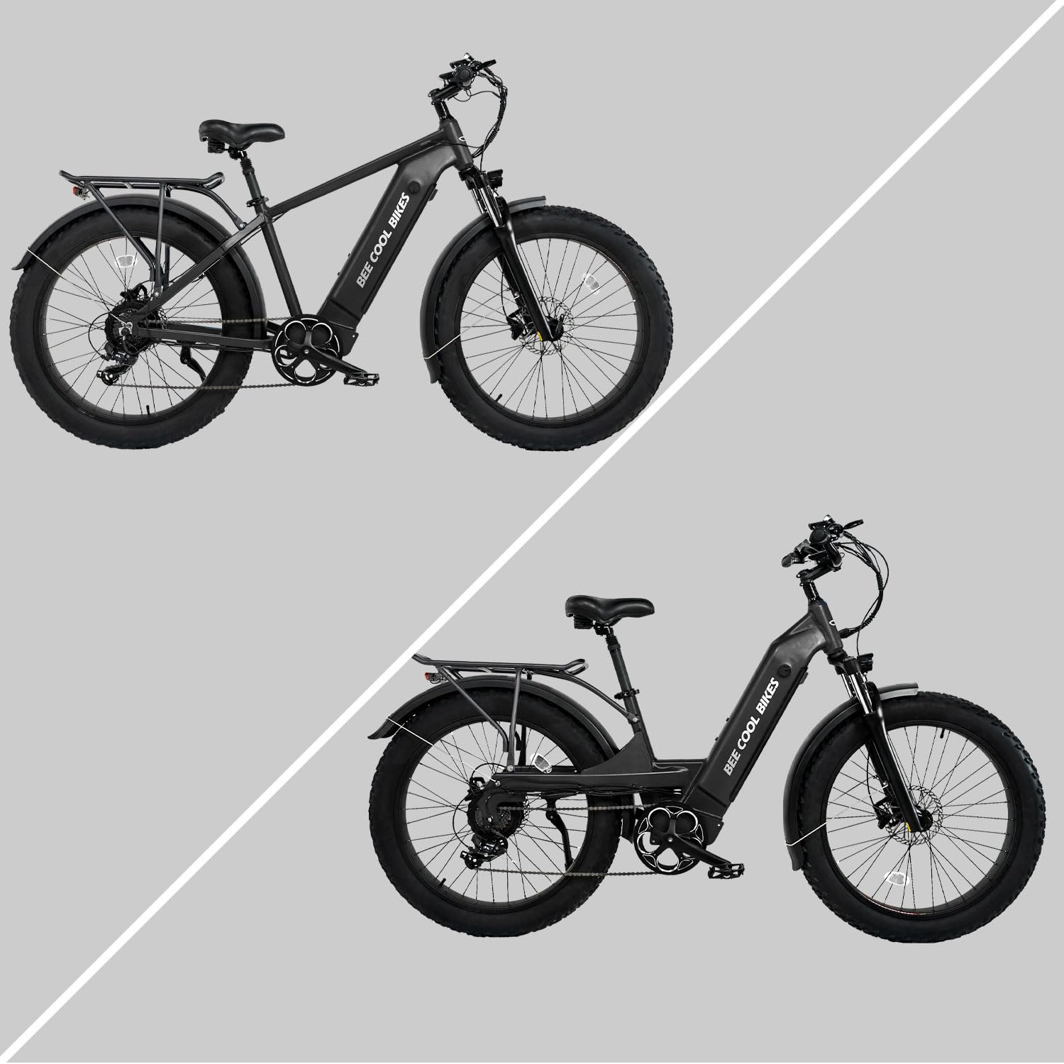 Bee Cool Pathfinder Step Over & Step Thru 2 Ebikes Bundle, Long Range Full Suspension Electric Bike, 750W, 80MI Range, 48V 20Ah Built-in Battery 26"x4" Tire, 28MPH, 7 Speed from Bikes